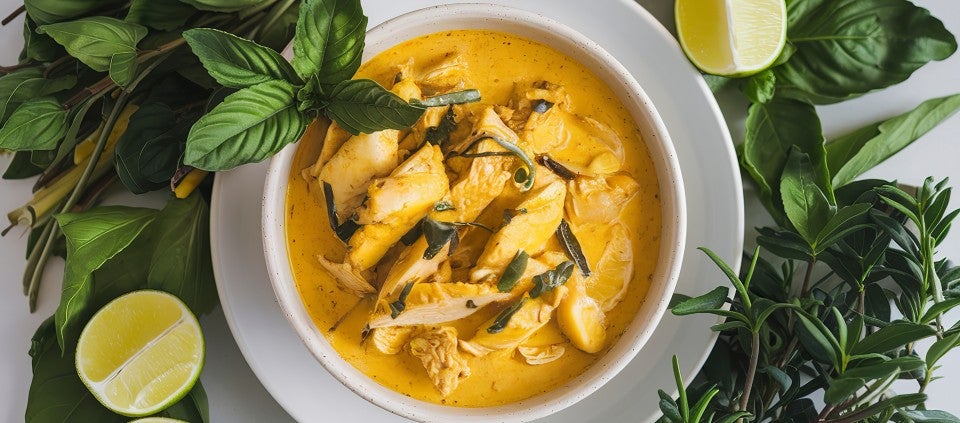 Yellow Curry Chicken or Tofu A photo of a bowl of yellow curry with chicken